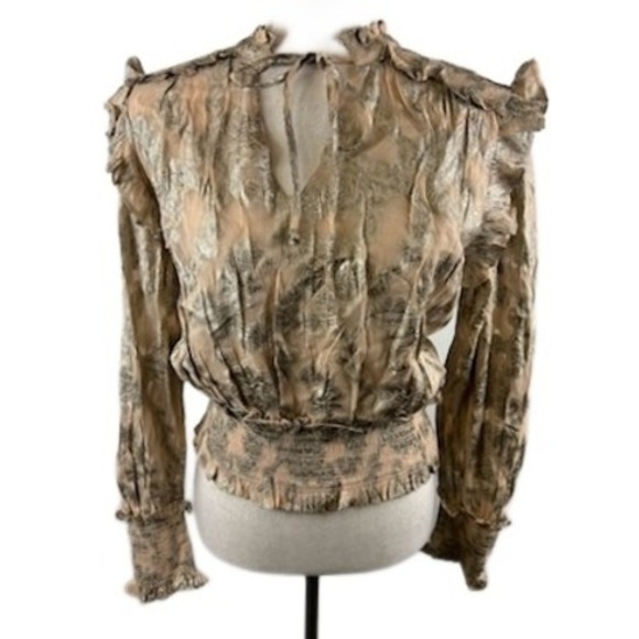 Elan Anthropologie Blouse Top Ruffle Trim Long Sleeve Gold Metallic Size Small - Picture 1 of 6
